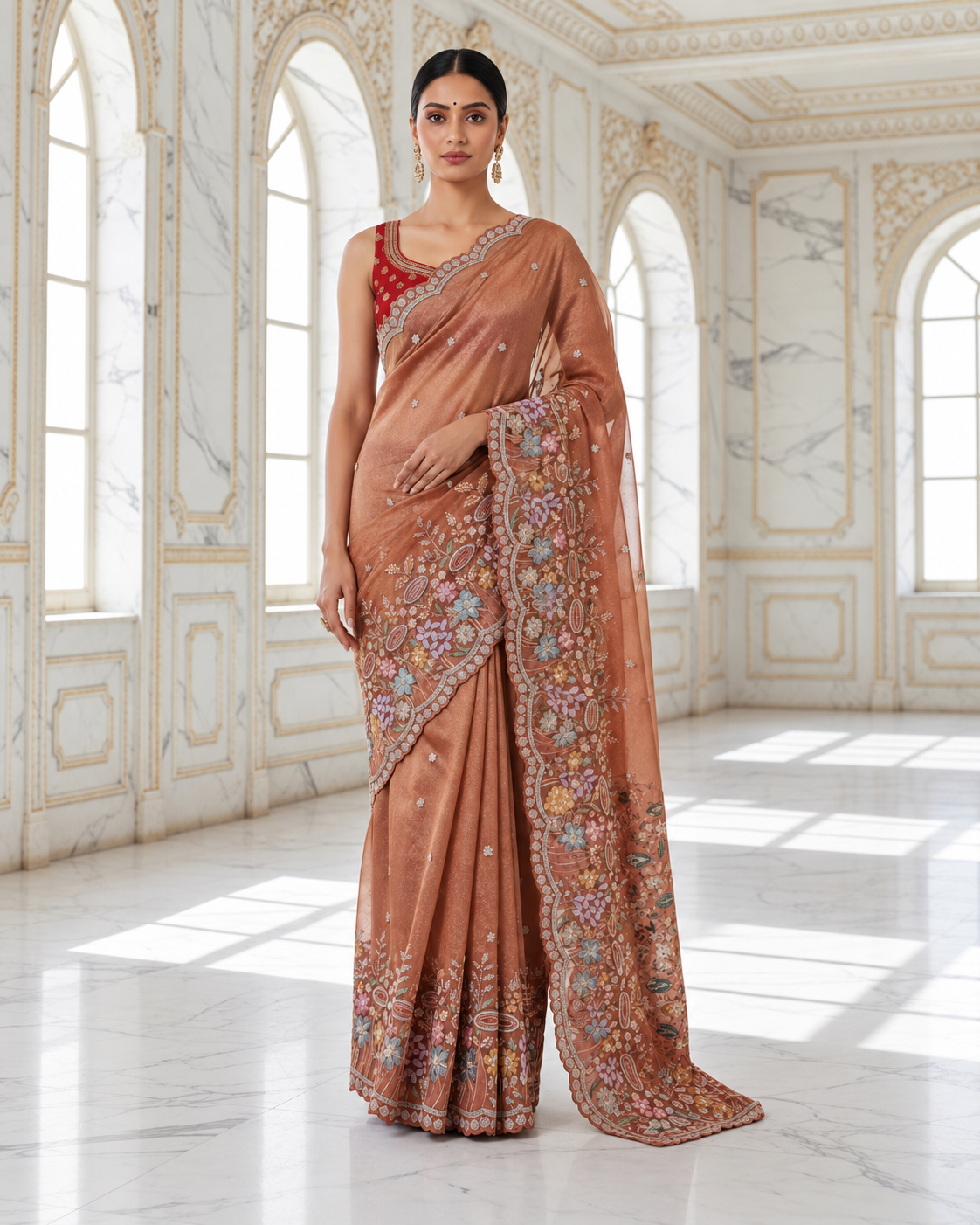 Copper Saree with Multicolour Floral Embroidery