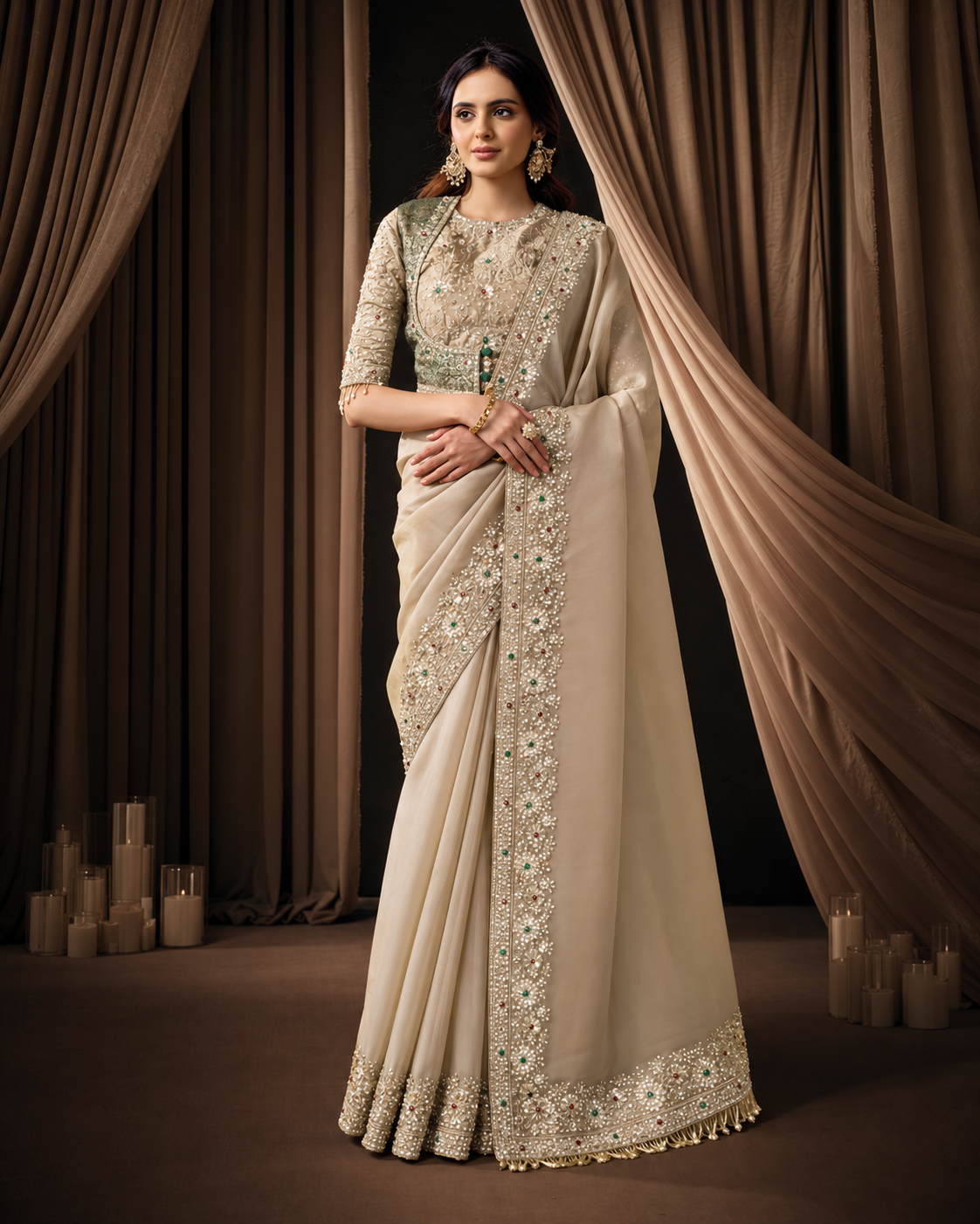 Champagne Embellished Saree with Ornate Border