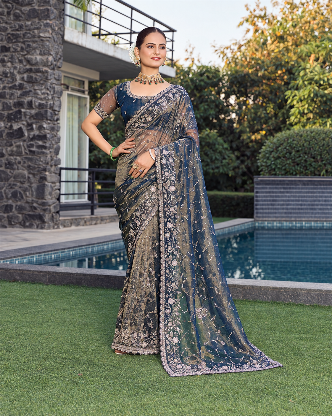 Navy Blue Organza Saree with Floral Embroidery Main image