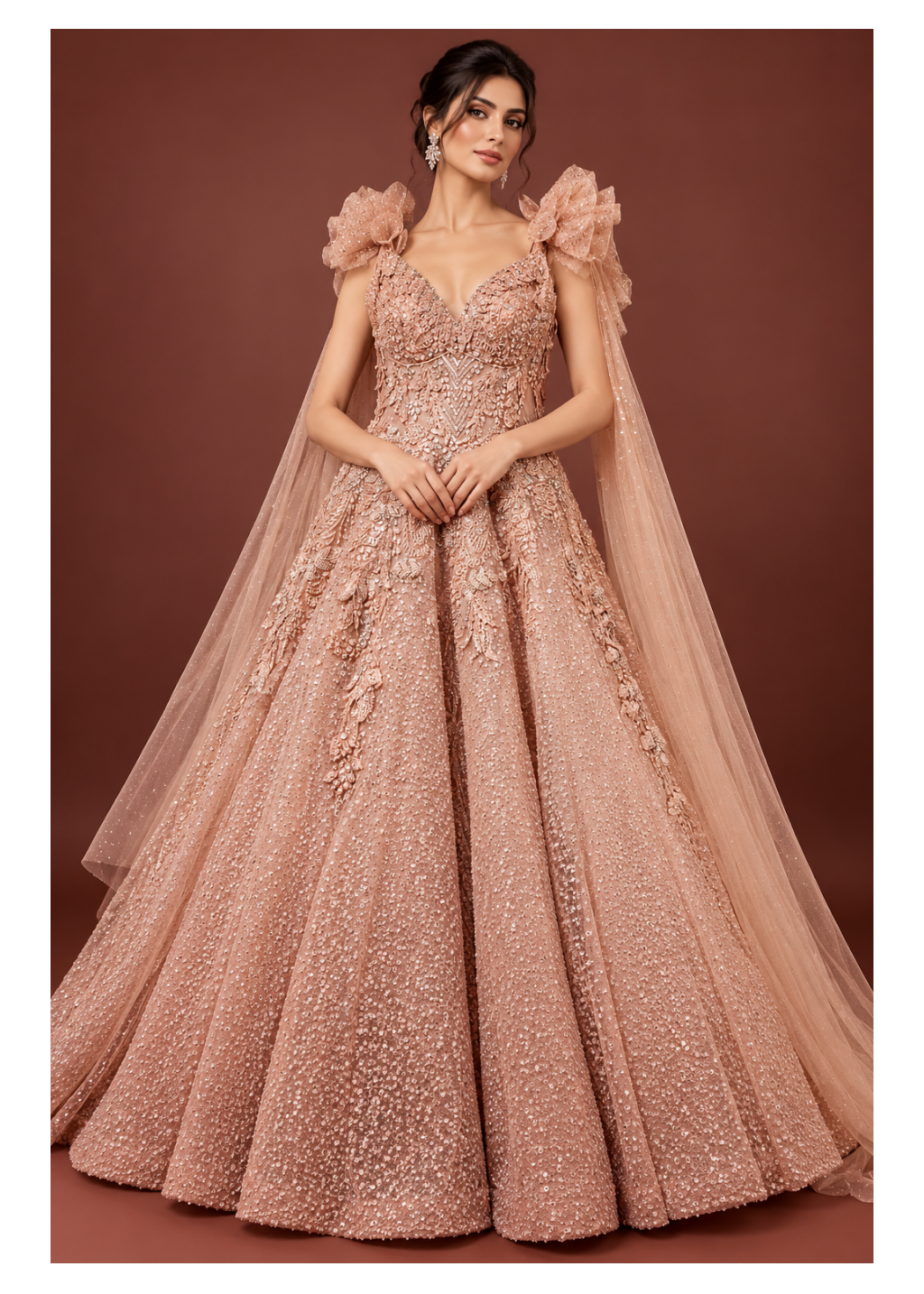 Blush Peach Cape Embellished Ballgown Gown