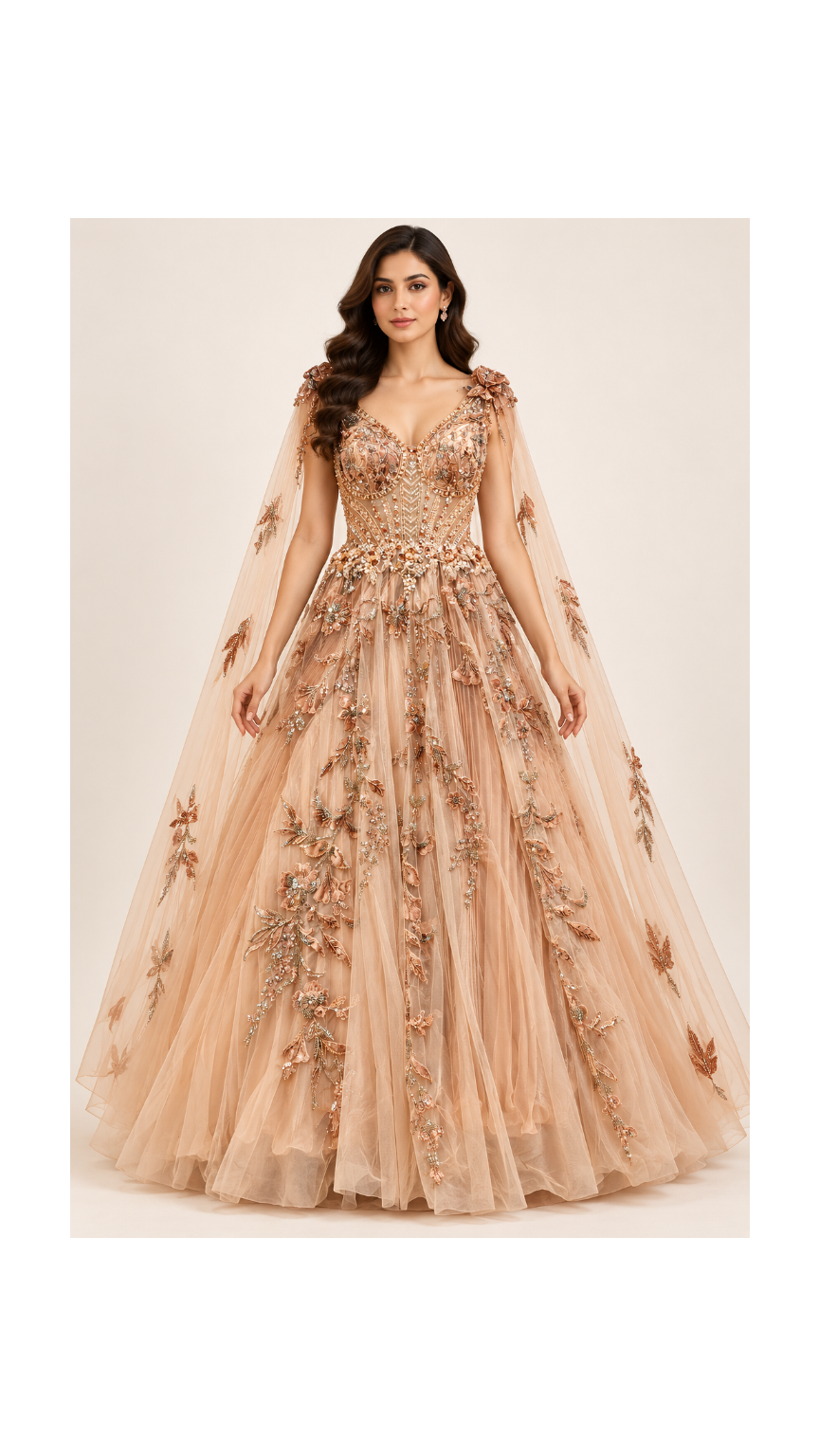 Champagne Peach 3D Botanical Corset Gown with Cape Sleeves Main image
