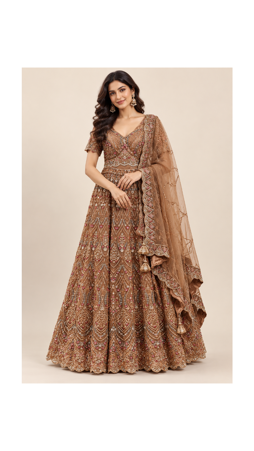 Tawny Bronze Embroidered Couture Anarkali Gown with Dupatta