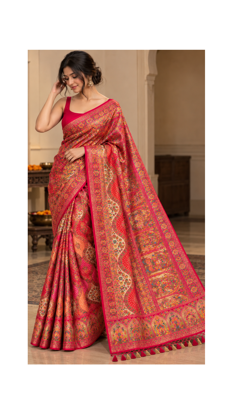 Rani Pink Heritage Printed Saree with Multicolour Traditional Motifs