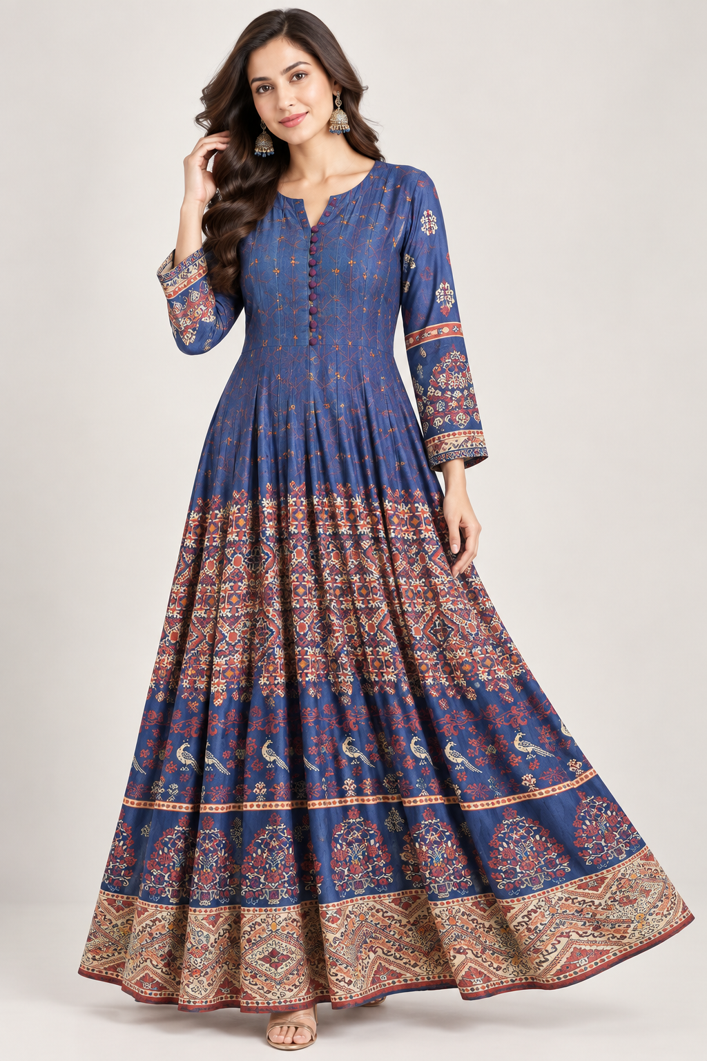 Indigo Blue Kalamkari &amp; Ajrakh Print Pleated Silk Gown