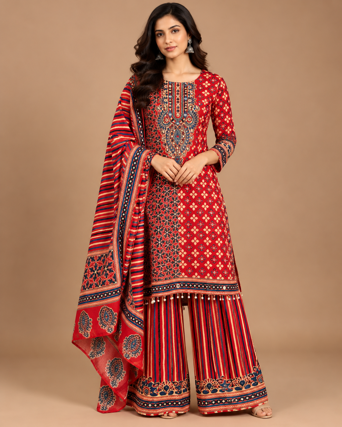 Crimson Red Bandhani Print Sharara Set