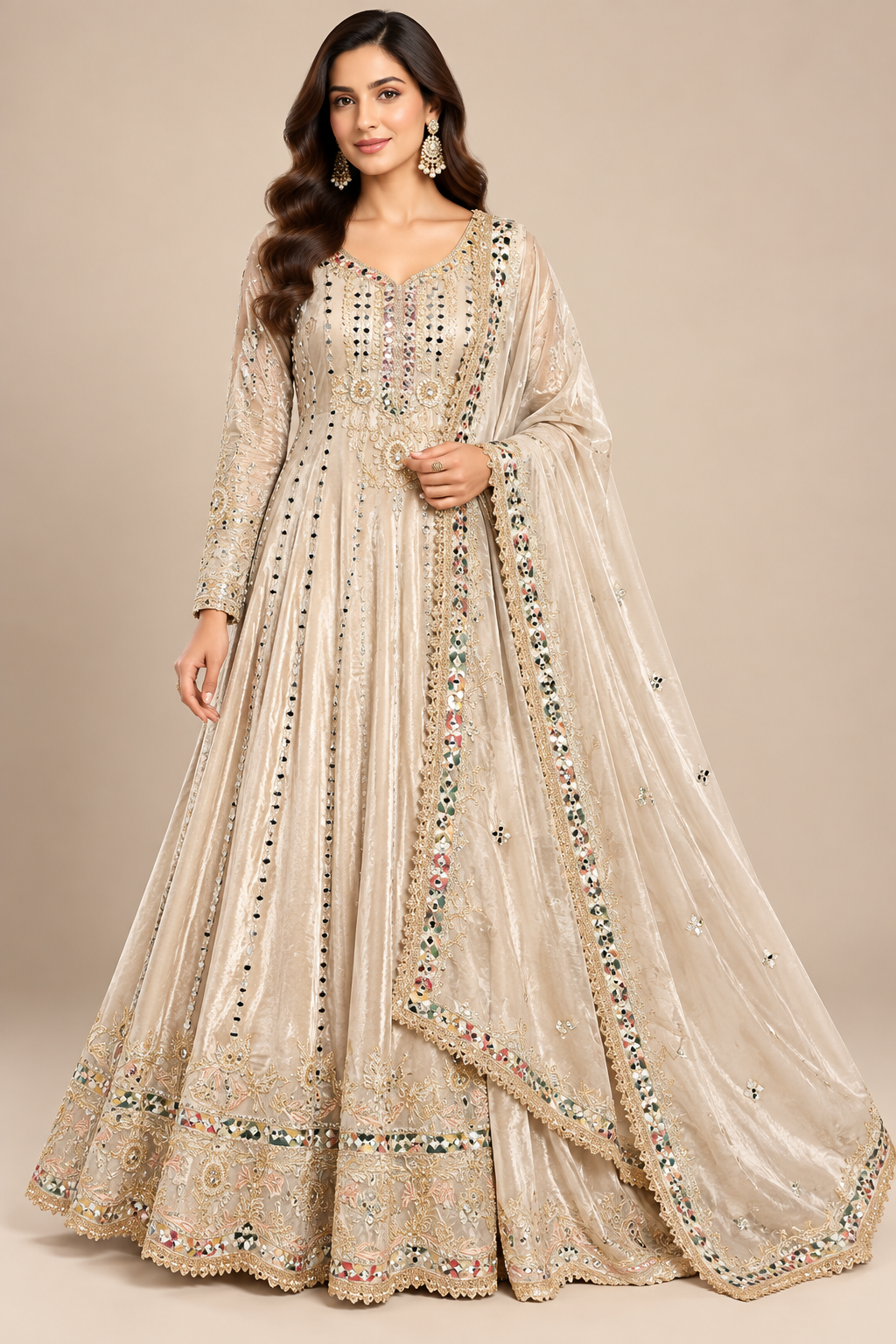 Champagne Gold Metallic Tissue Anarkali Gown with Embroidered Dupatta