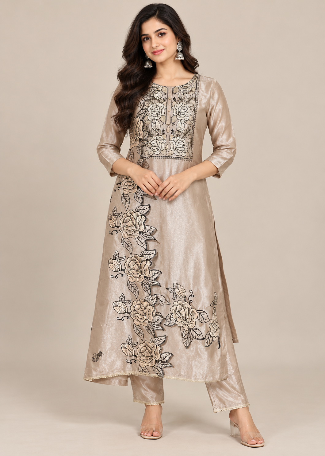 Beige Tissue Silk Embroidered Kurta Set