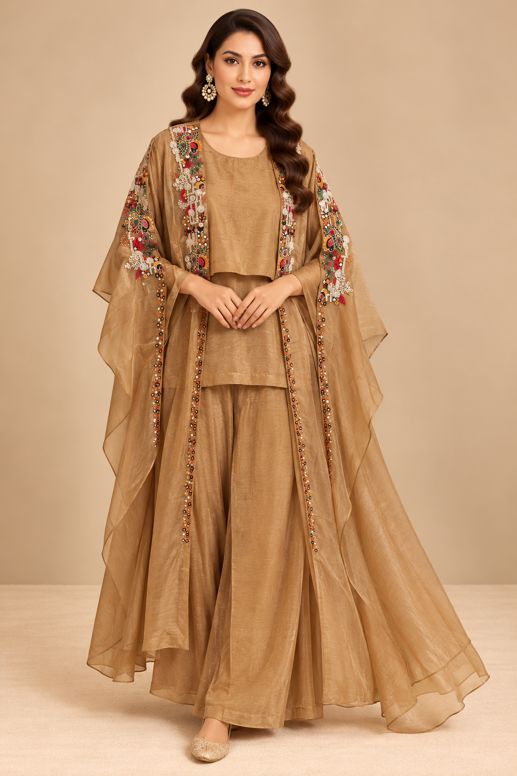 Antique Bronze-Gold Hand-Embroidered Tissue Silk Cape, Tunic & Sharara / Flared Palazzo Co-Ord Set