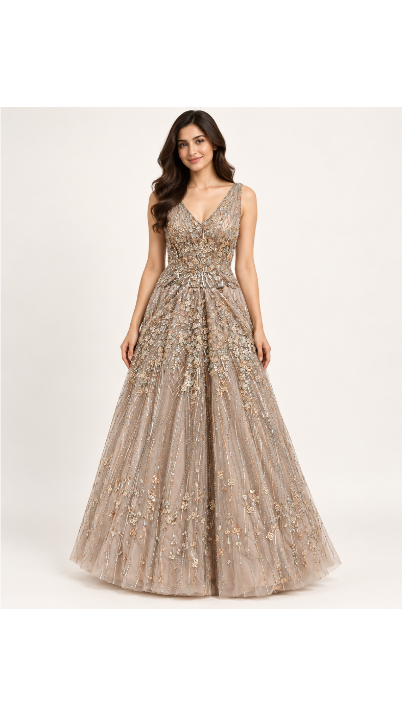 Taupe Champagne Botanical Embellished Evening Gown