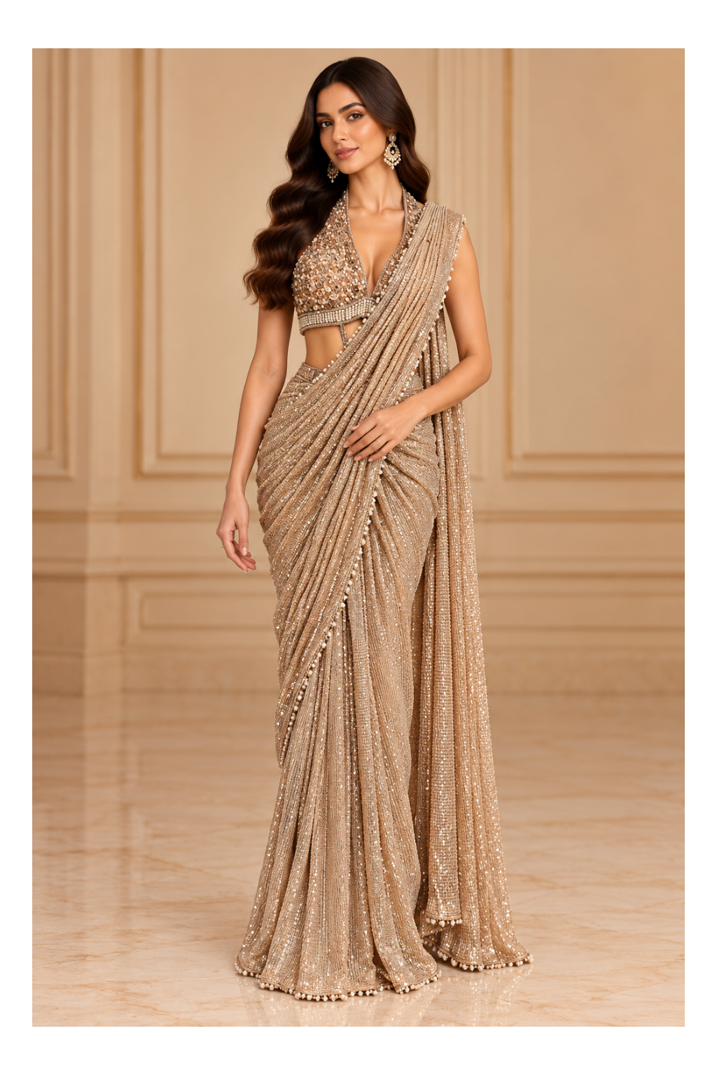 Champagne-Gold All-Over Sequin Pre-Draped Saree & Encrusted Halter Bustier Set