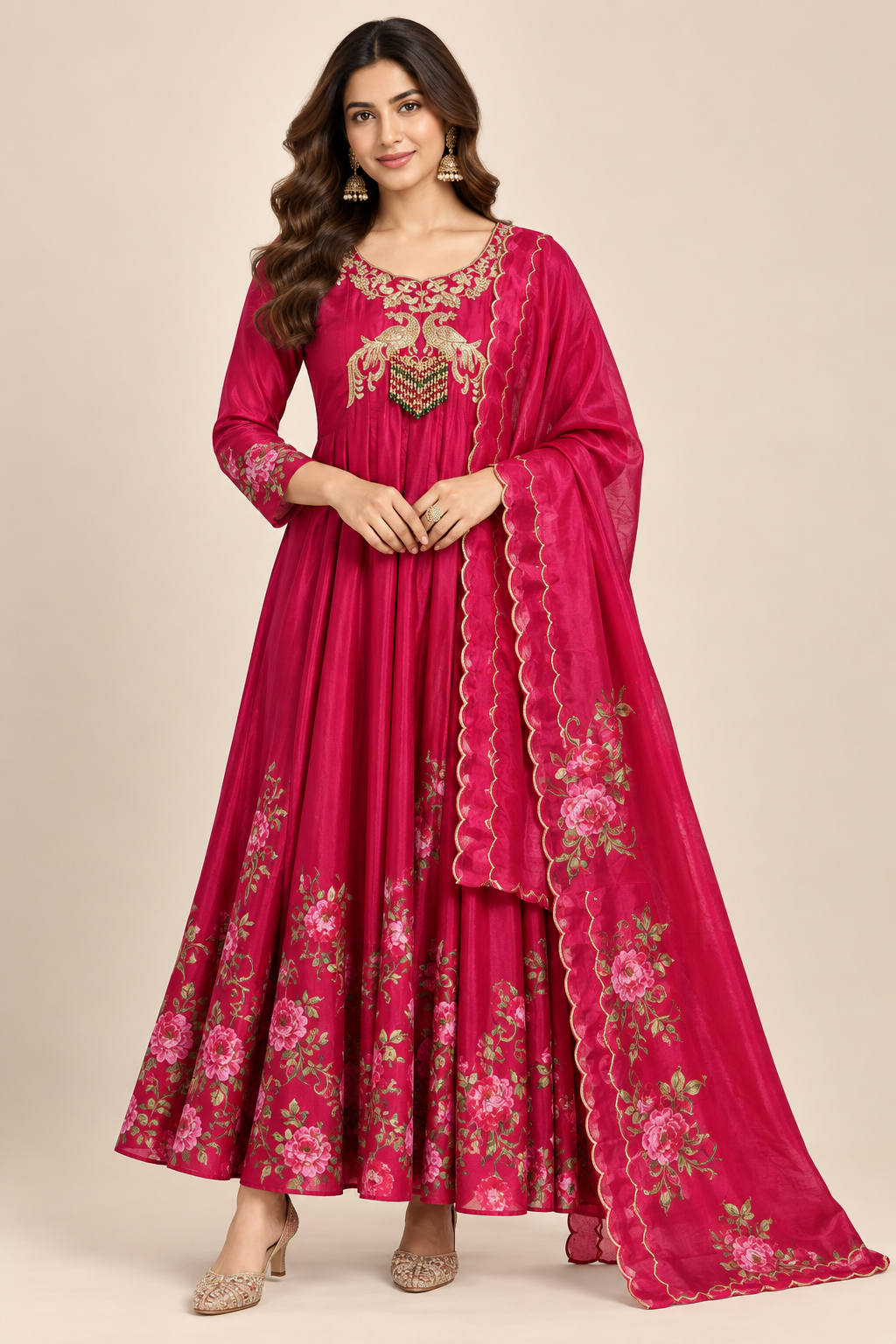 Rani Pink Peacock Embroidered Silk Anarkali Gown Set