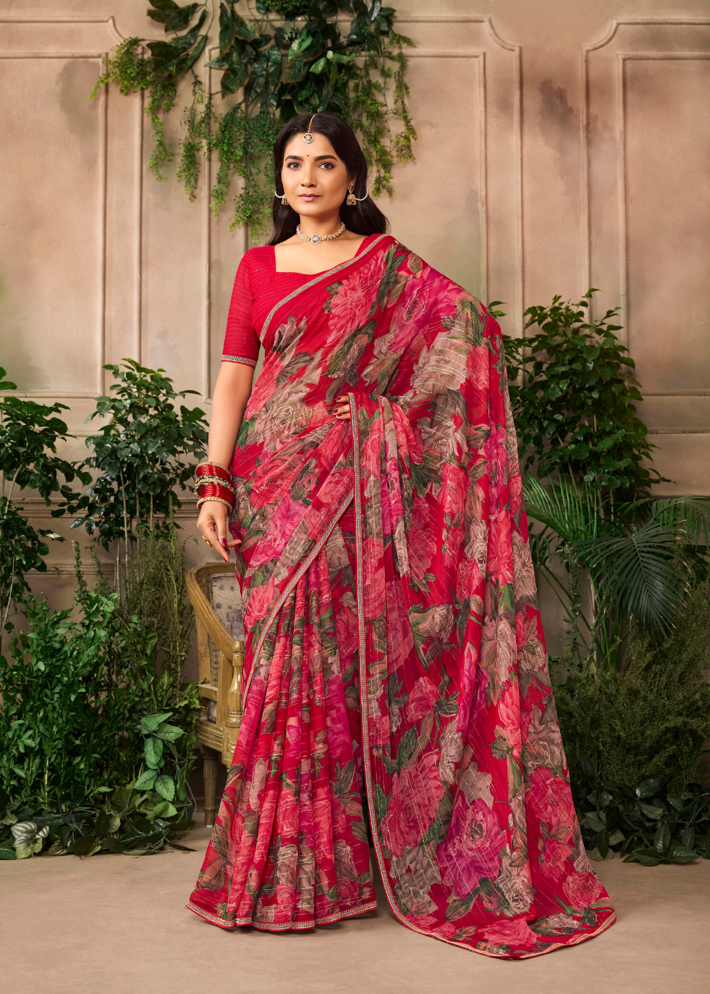 Radiant Crimson Red Floral Chiffon Saree Main image