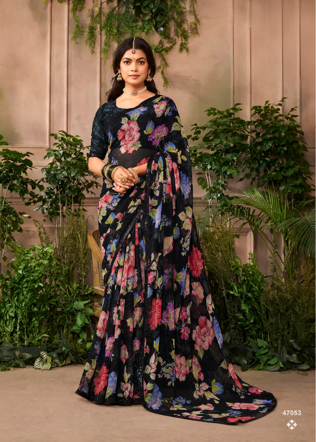 Elegant Black Floral Chiffon Saree Main image