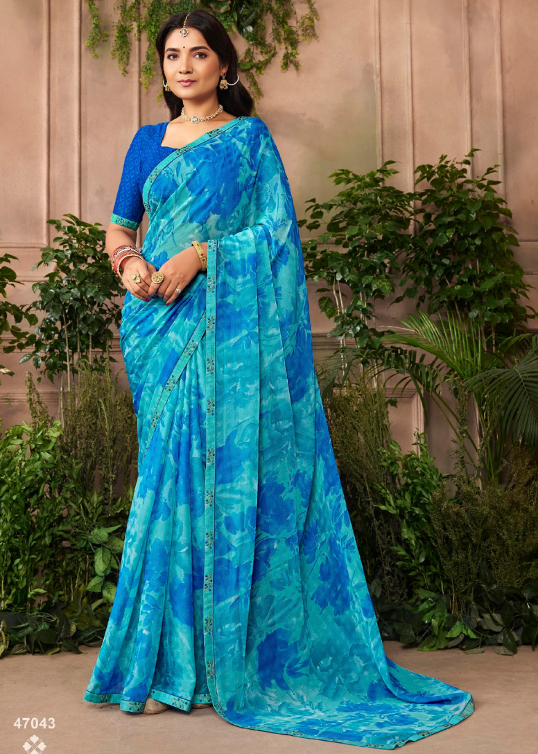 Ocean Blue Floral Chiffon Saree Main image