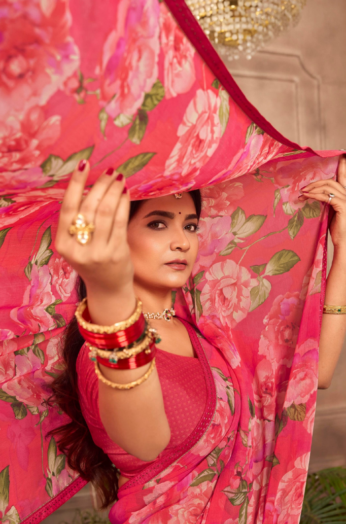 Charming Bright Pink Floral Chiffon Saree Secondary image