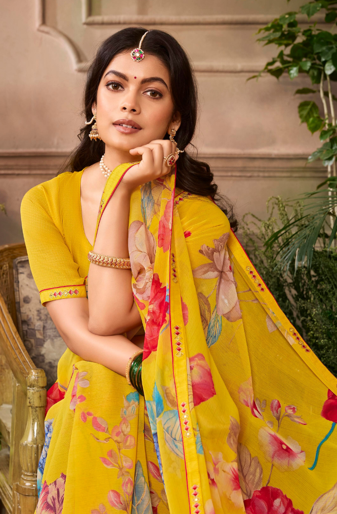 Yellow Floral Printed Chiffon Saree Secondary image