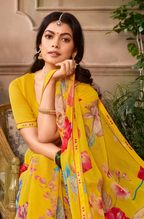 Yellow Floral Printed Chiffon Saree
