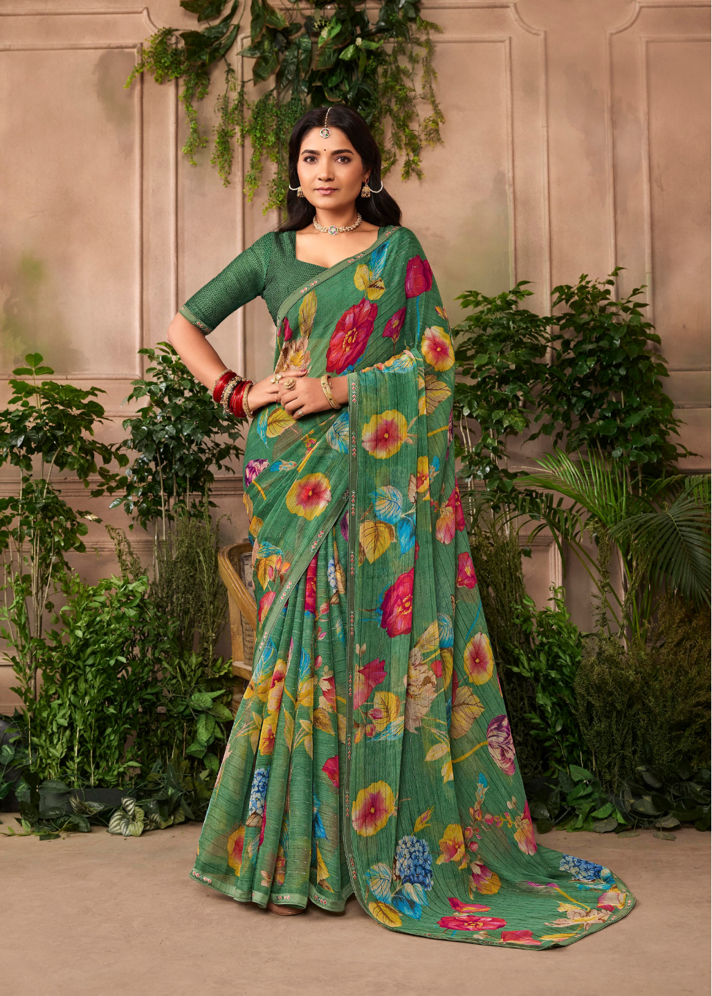 Forest Green Floral Chiffon Saree Main image