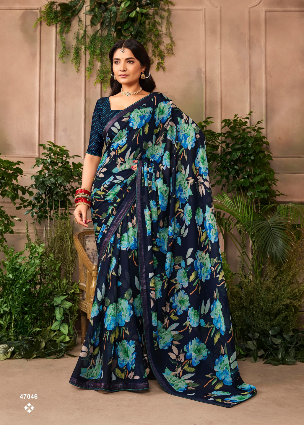 Navy Blue Printed Chiffon Saree Main image