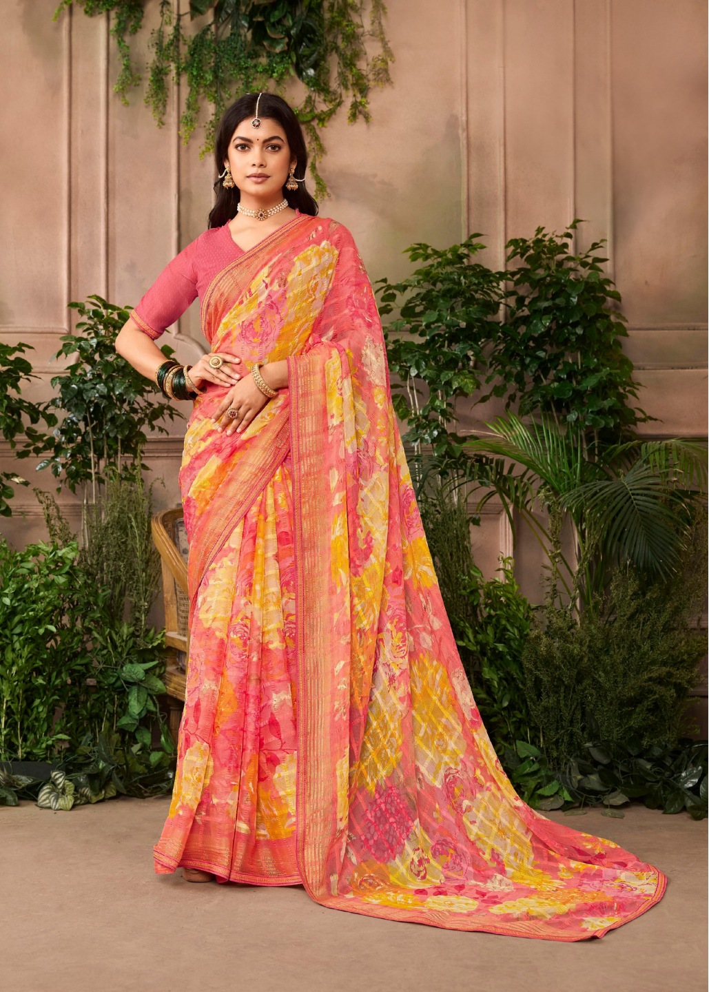 Vibrant Pink Floral Chiffon Saree