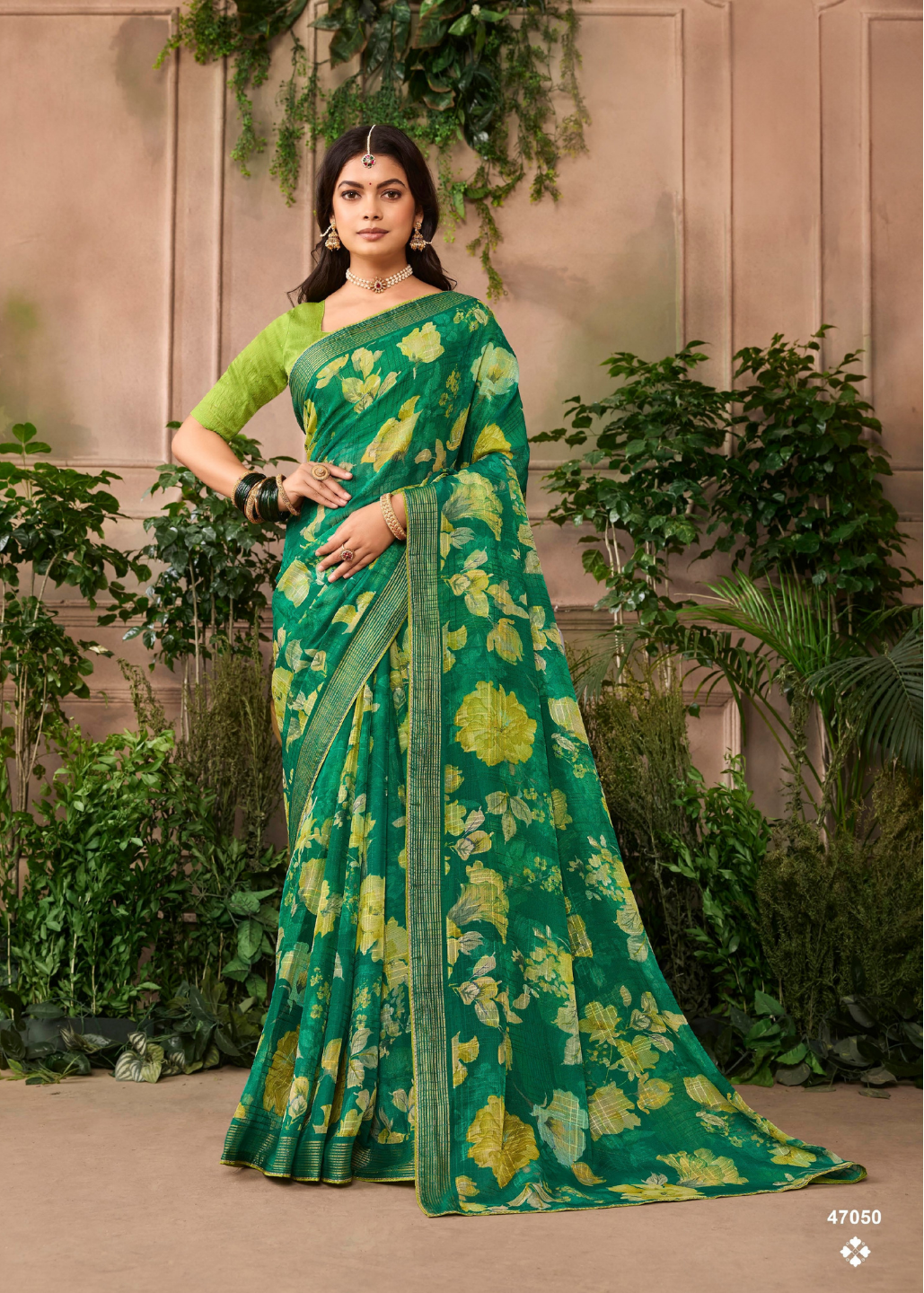 Emerald Green Floral Chiffon Saree Main image