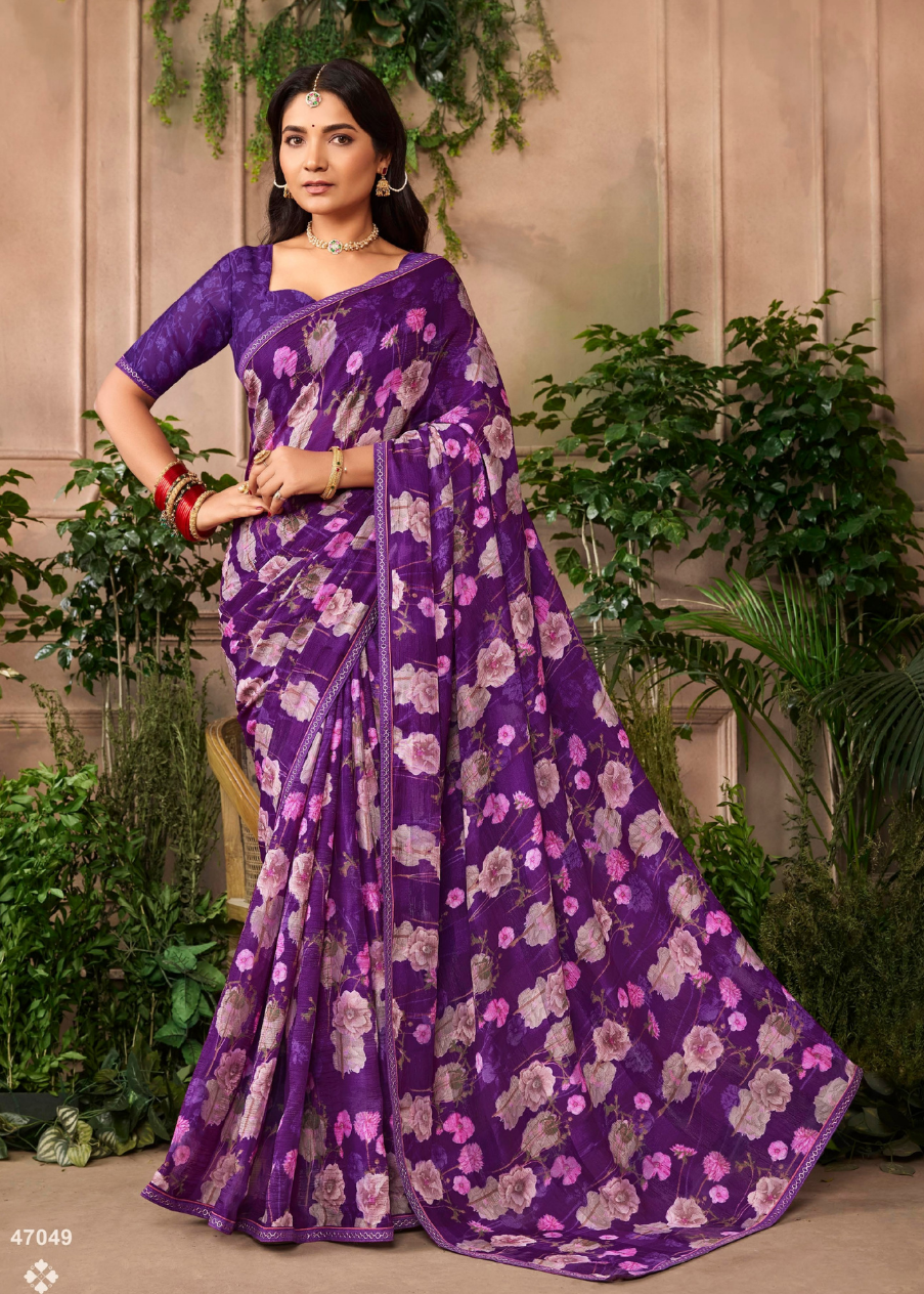 Royal Purple Floral Chiffon Saree Main image