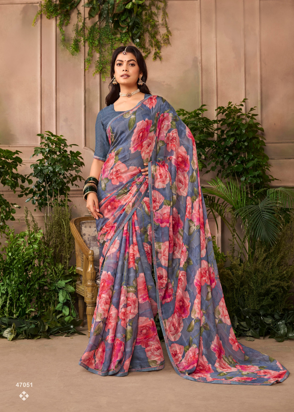 Blue & Pink Floral Chiffon Saree Main image