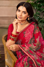Radiant Crimson Red Floral Chiffon Saree