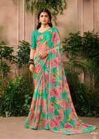 Sea Green Floral Chiffon Saree