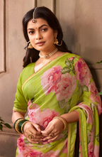 Lime Green Floral Chiffon Saree