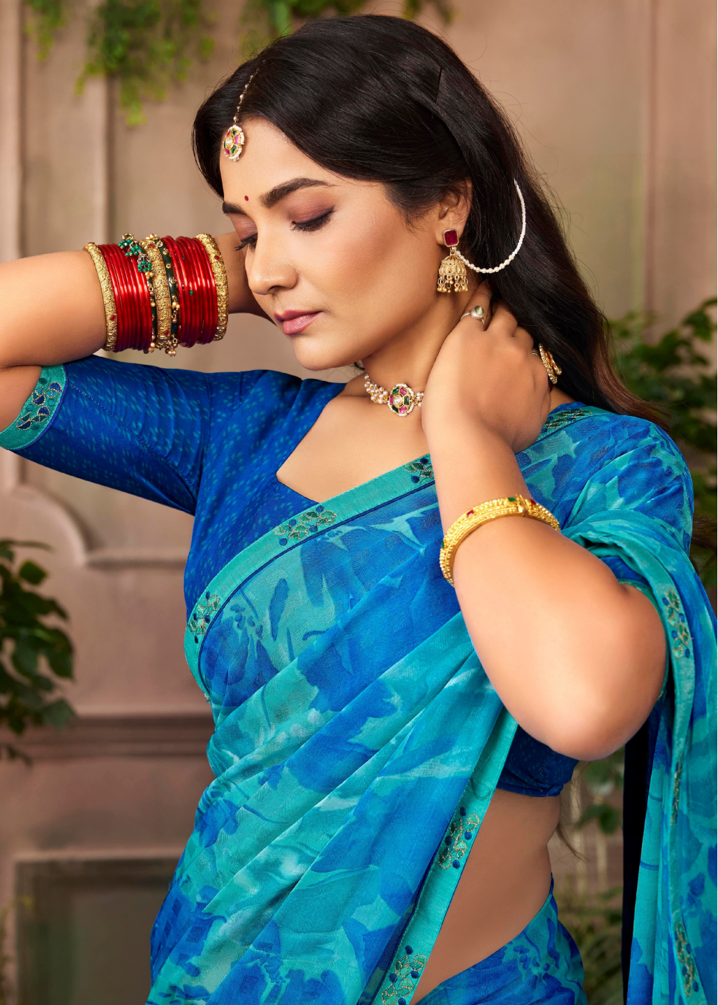 Ocean Blue Floral Chiffon Saree Secondary image