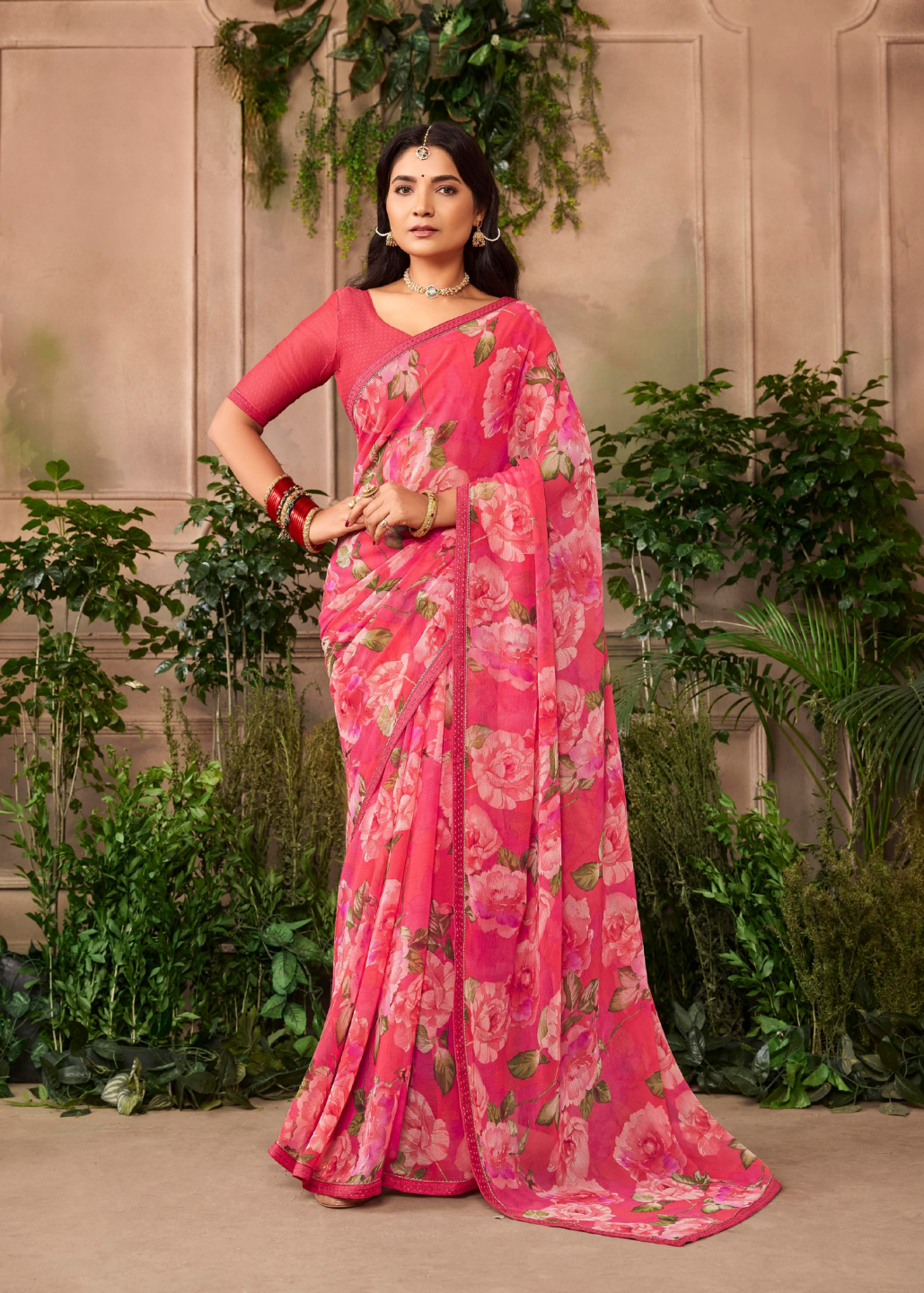 Charming Bright Pink Floral Chiffon Saree