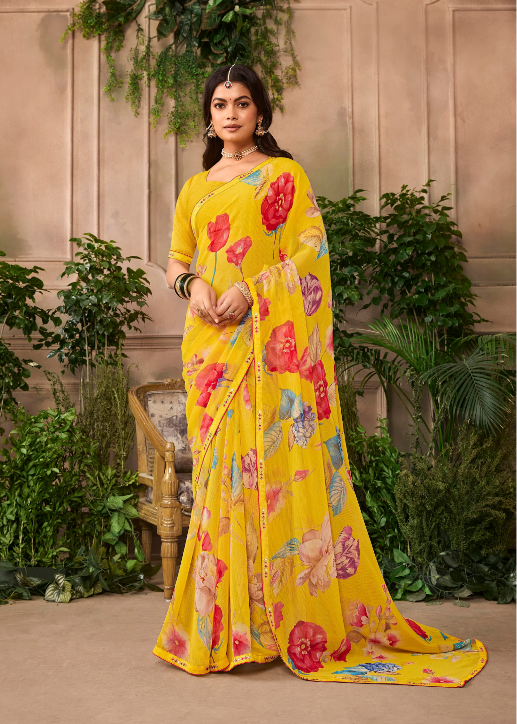 Yellow Floral Printed Chiffon Saree Main image