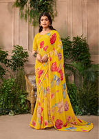 Yellow Floral Printed Chiffon Saree