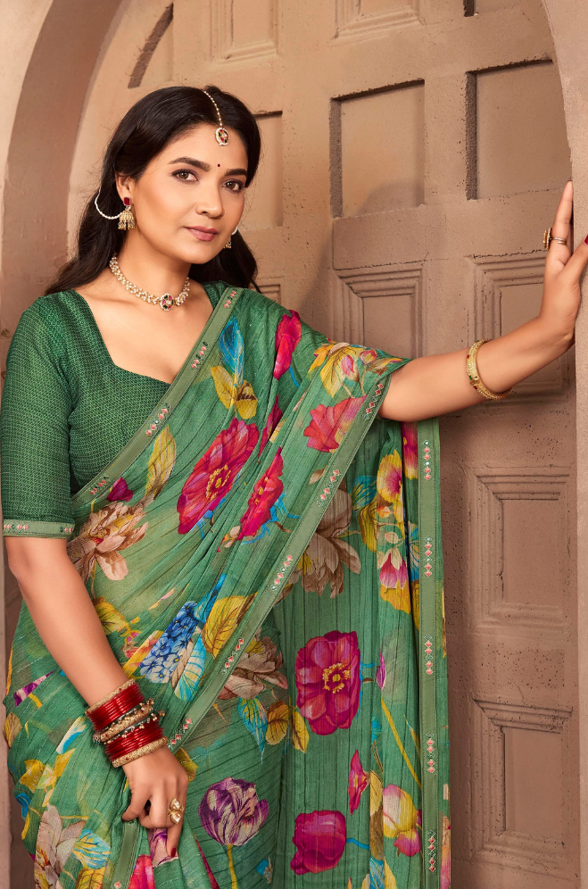 Forest Green Floral Chiffon Saree
