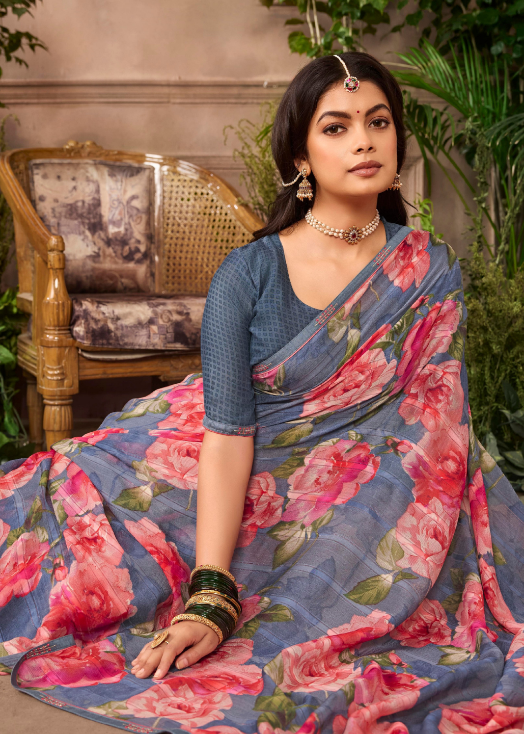 Blue & Pink Floral Chiffon Saree