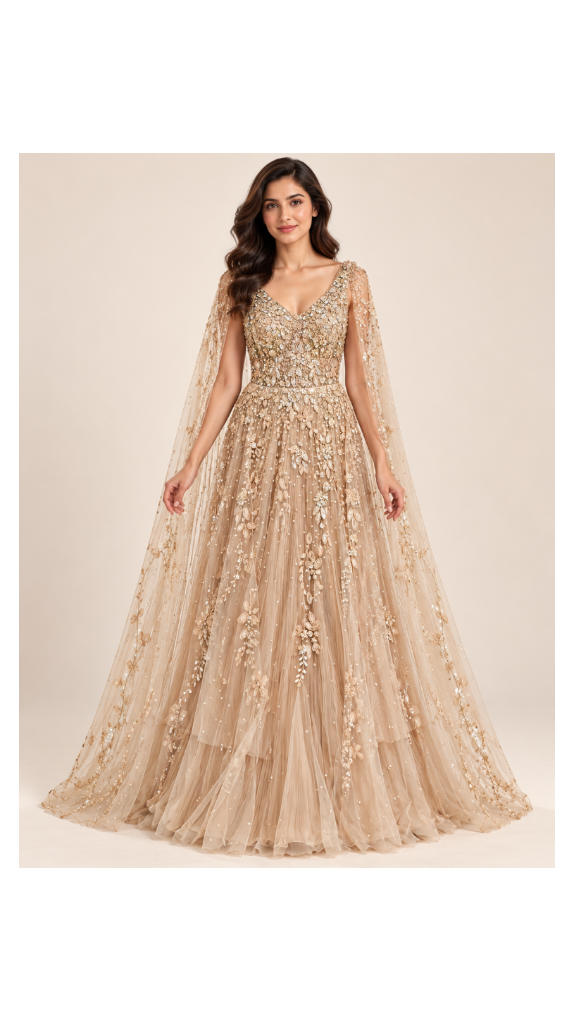 Champagne Gold Botanical Embellished Evening Gown with Cape Sleeves Main image