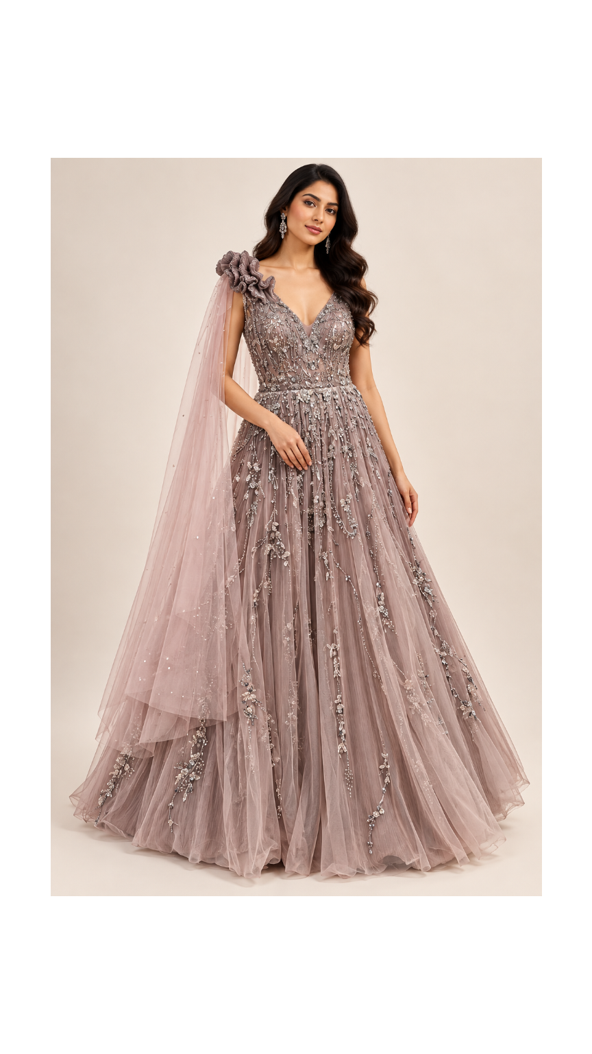 Dusty Mauve Embellished Gown with Shoulder Cape Main image