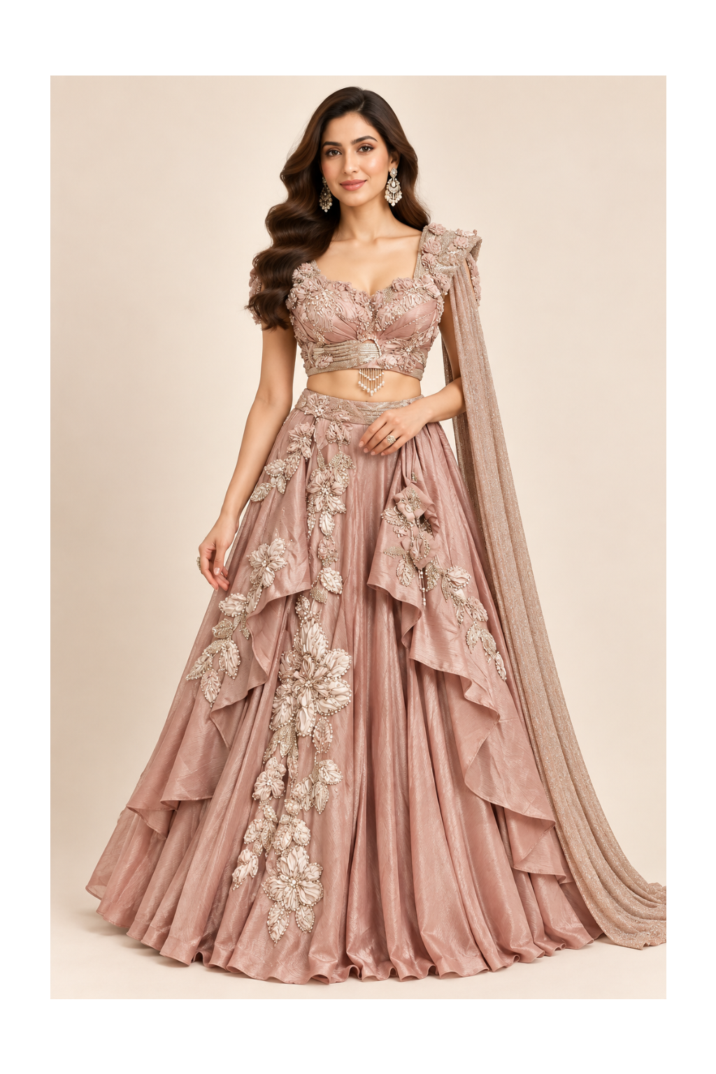 Muted Mauve-Rose 3D Embroidered Blouse, Layered Ruffle Lehenga-Skirt & Cape Drape Set