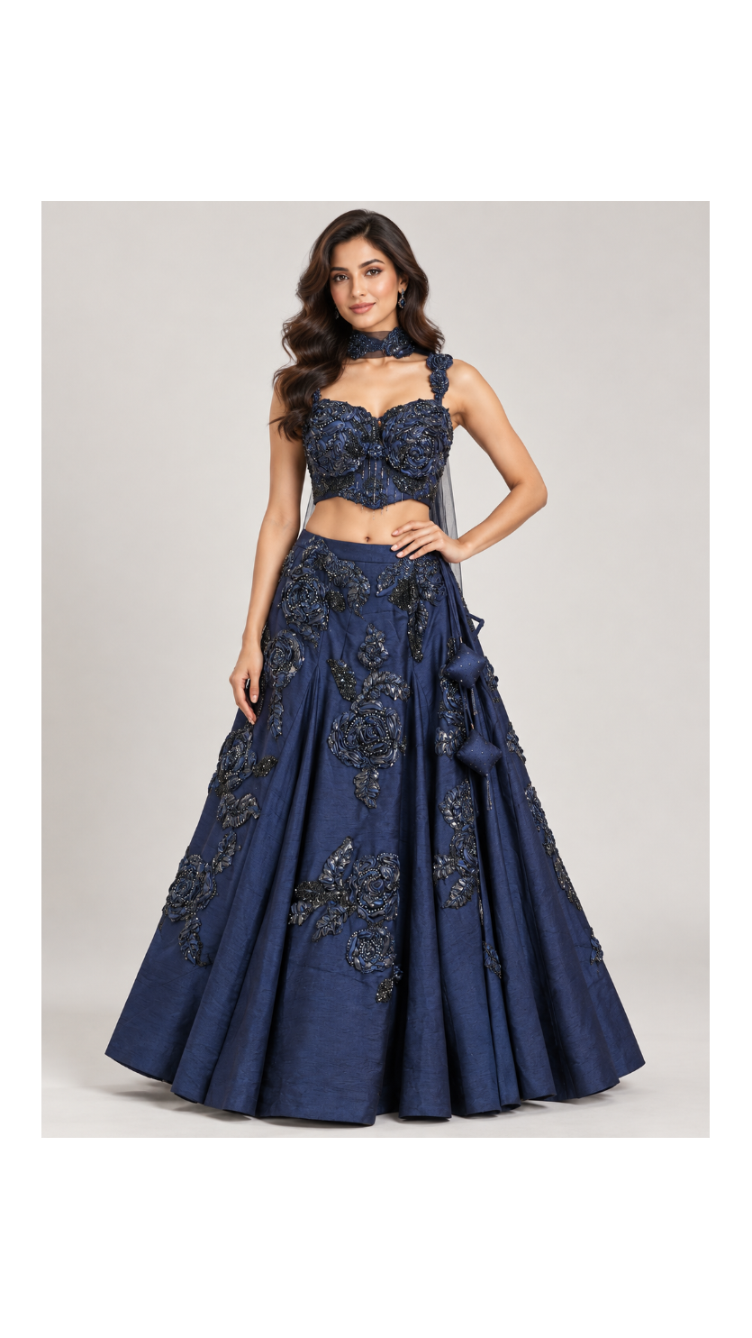 Midnight Blue 3D Floral Bridal Lehenga