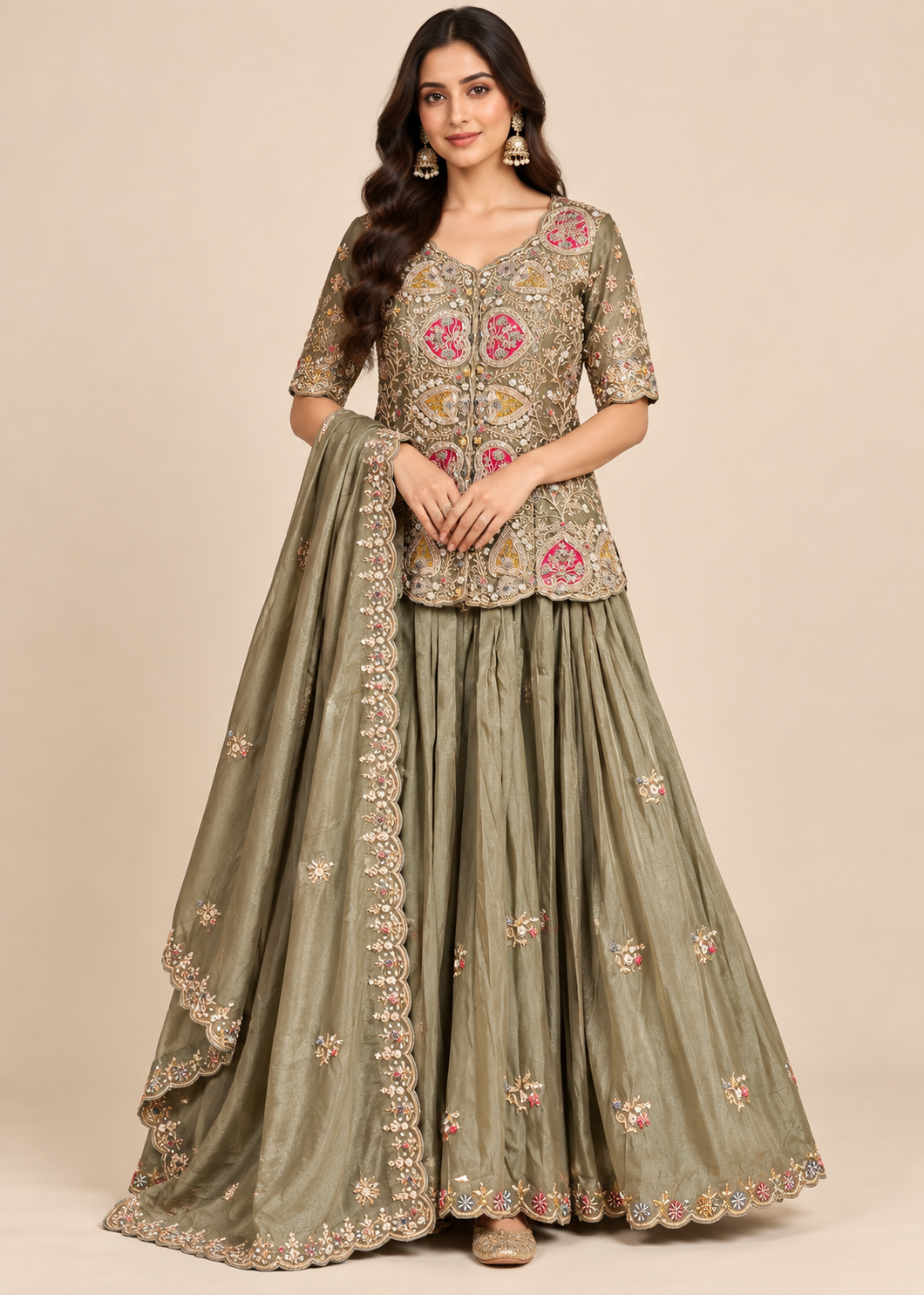 Olive Sage Embroidered Peplum Skirt Set Main image