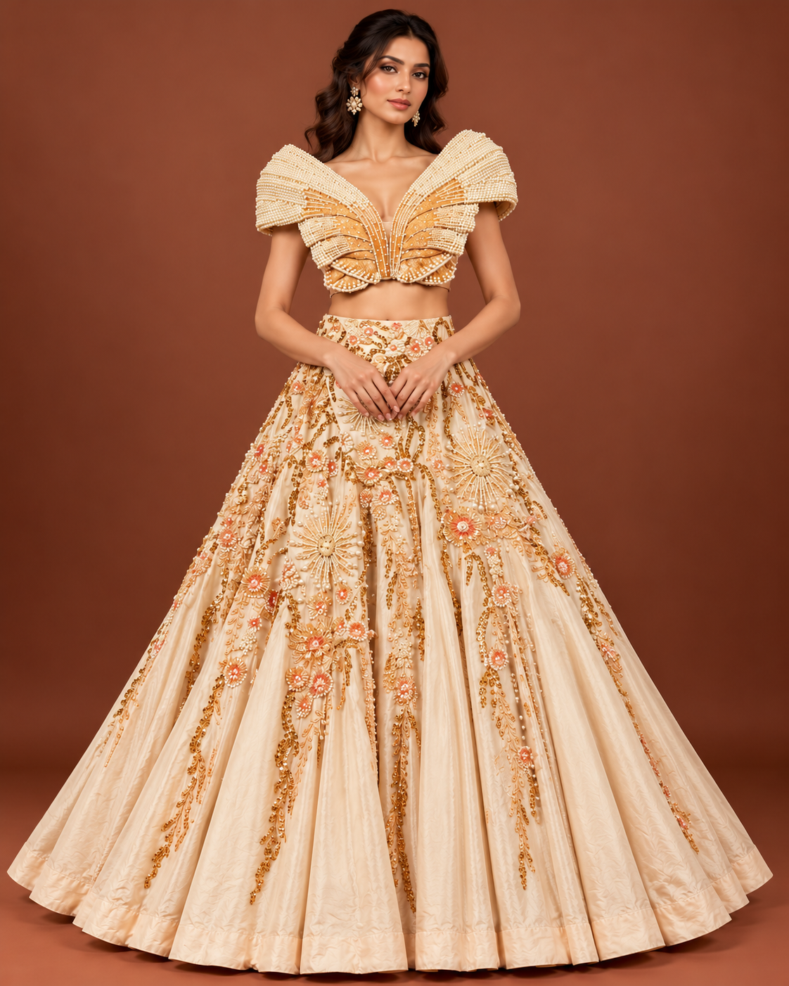 Ivory Gold Pearl Winged Designer Lehenga