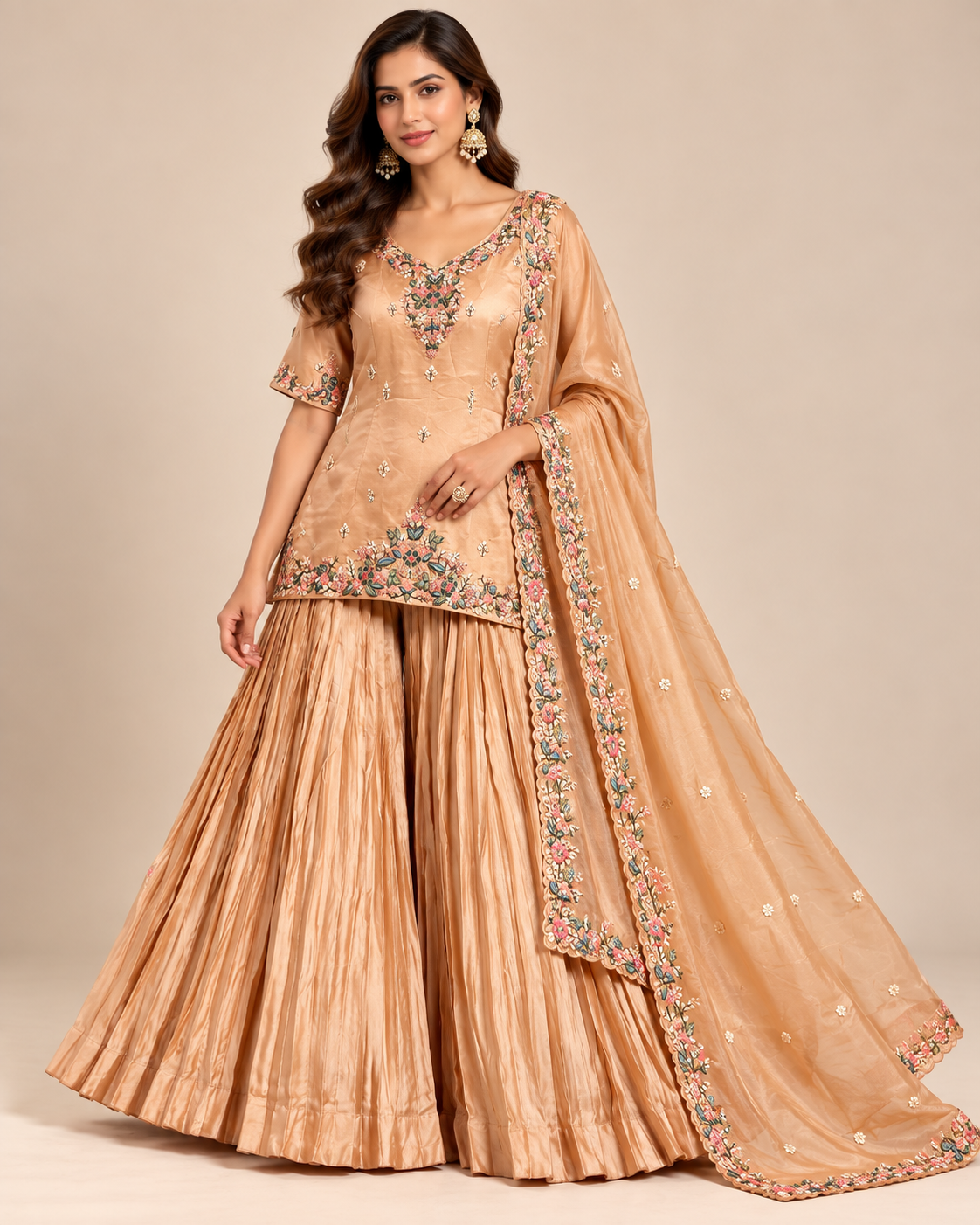Champagne Peach Embroidered Kurti Sharara Set Main image