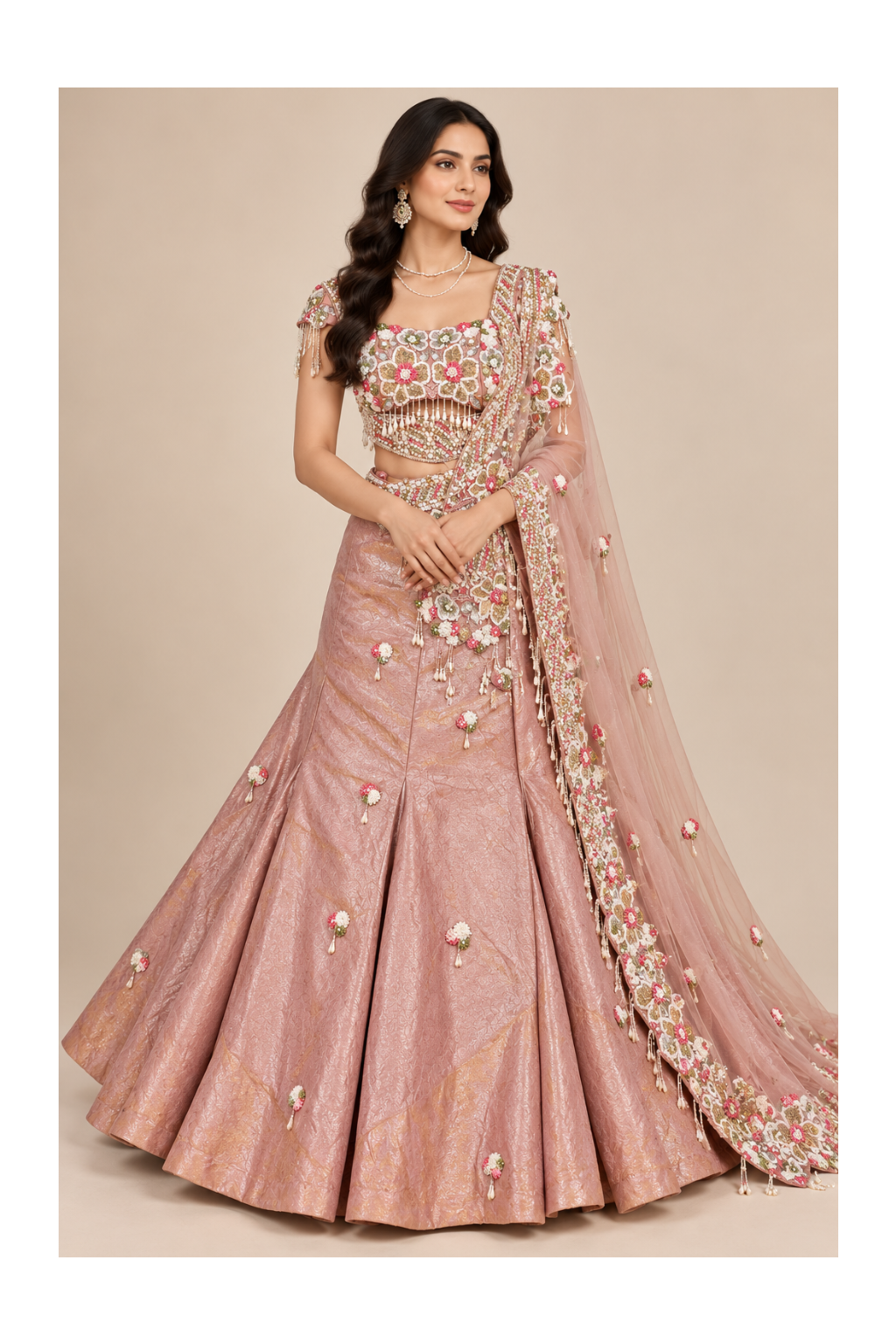 Dusty Rose-Pink Brocade Flared Lehenga, 3D Floral Bustier & Dupatta Set