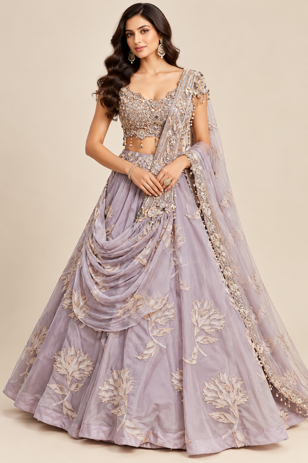 Lilac Lavender Embellished Lehenga Set with Pre-Draped Cowl and Dupatta