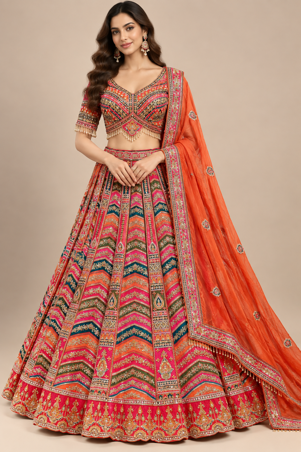 Multi-Colored Chevron Embroidered Bridal Lehenga Set with Tangerine Dupatta Main image