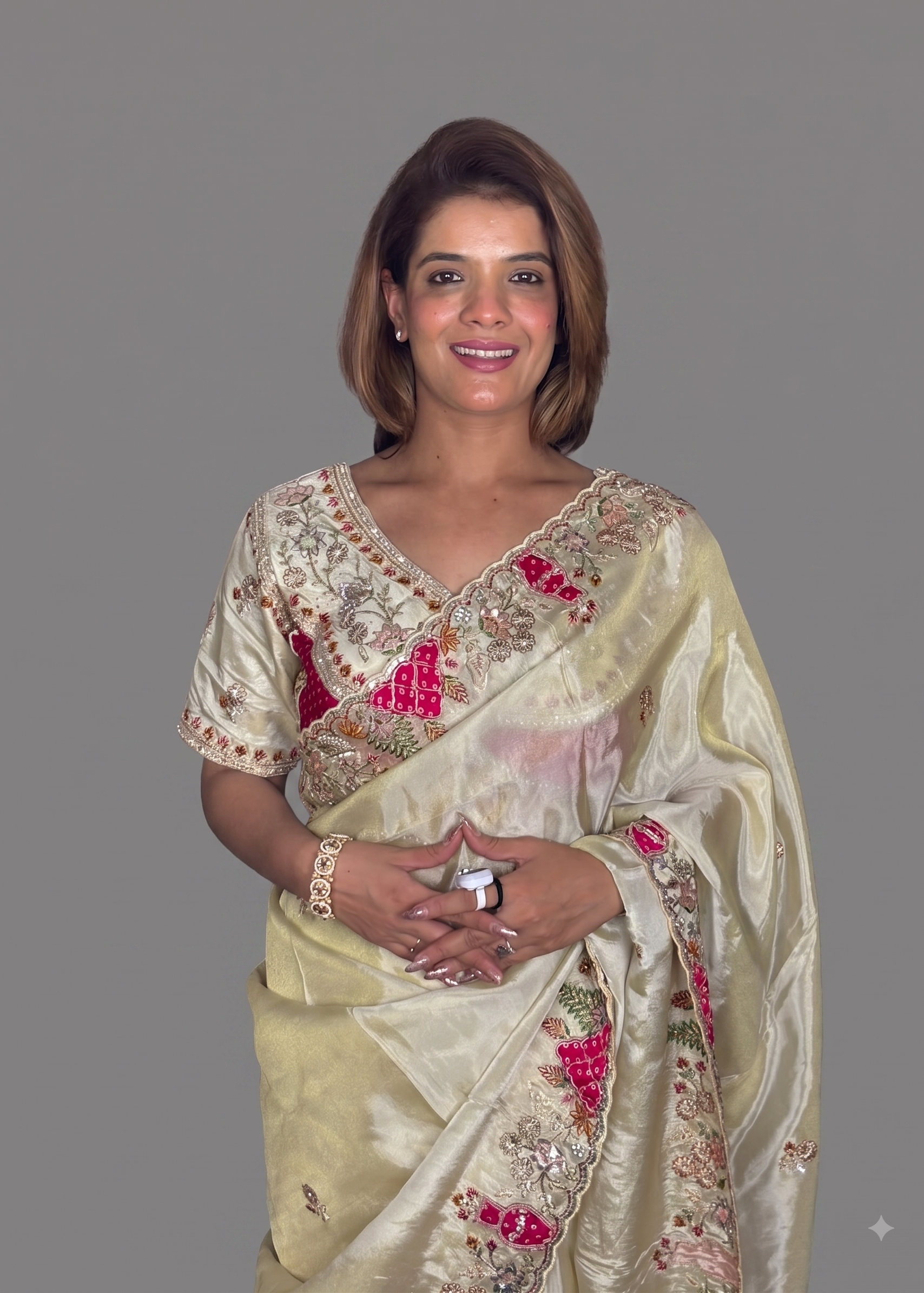 Floral Beige Gold Silk Saree