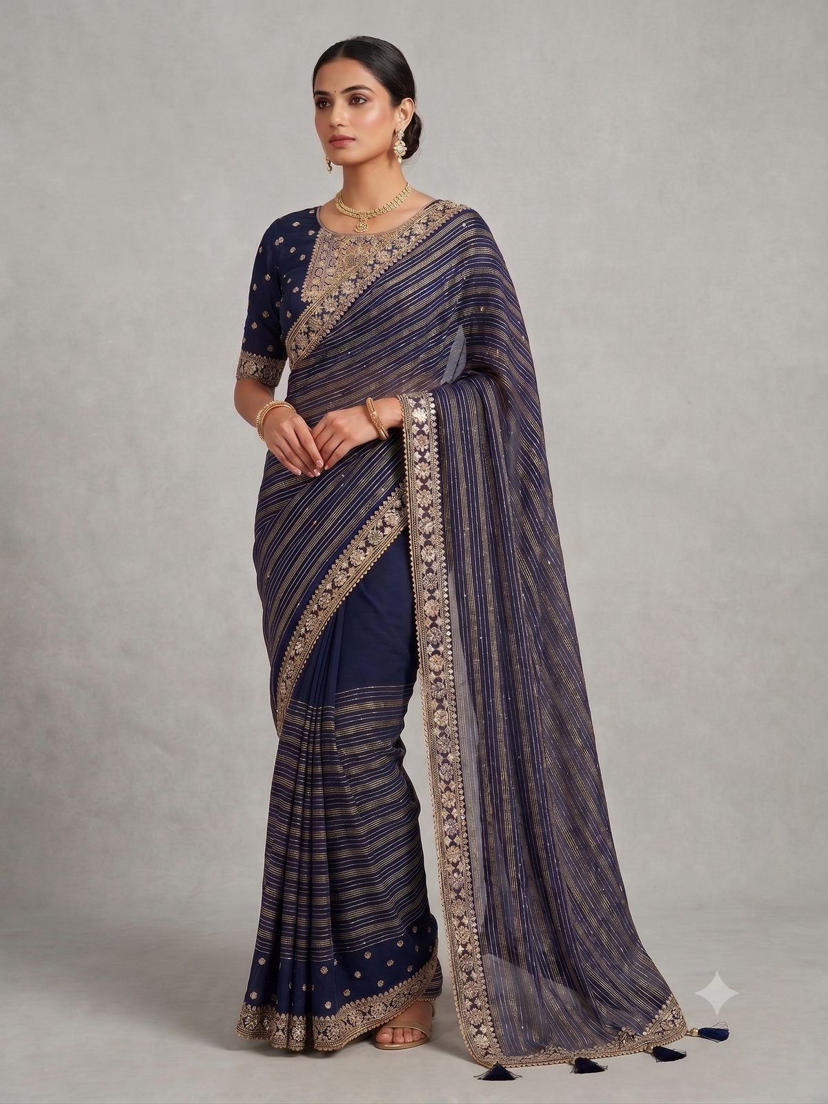 Navy Blue Tissue Saree with Golden Striped Pattern