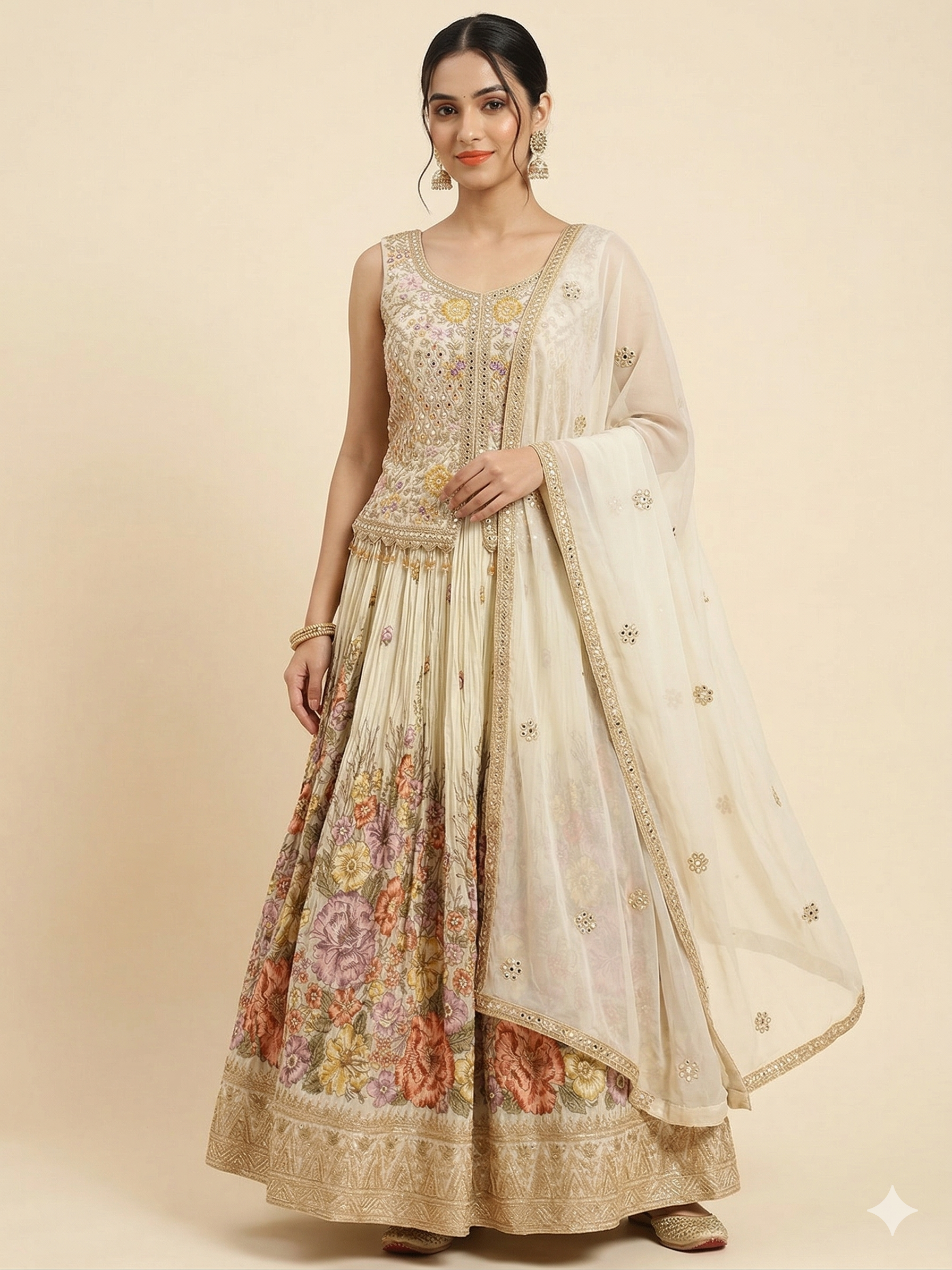 Floral Threadwork Peplum Lehenga