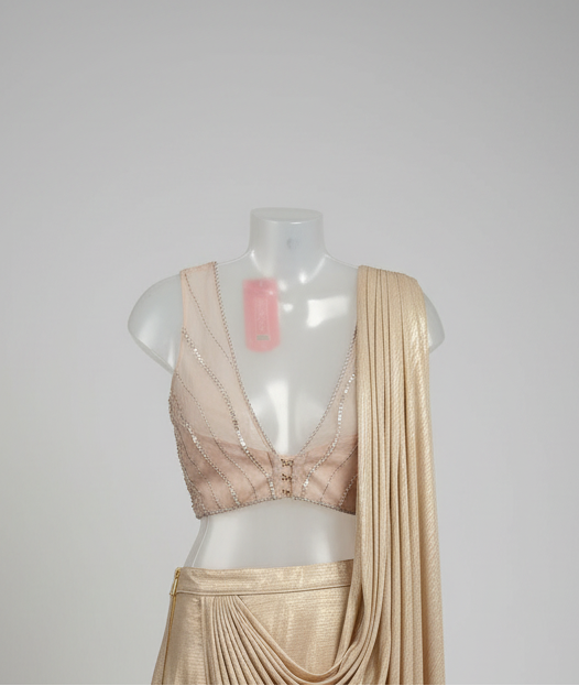 Metallic Champagne Shimmer Drape Saree with Corset Blouse Secondary image